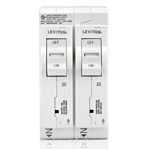 LEVITON Surge Protective Device with Two 20A 1-Pole Standard Thermal Magnetic Branch Circuit Breakers LEVITON Surge Protective Device with Two 20A 1-Pole Standard Thermal Magnetic Branch Circuit Breakers