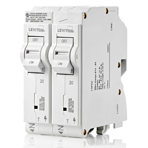 LEVITON Surge Protective Device with Two 20A 1-Pole Standard Thermal Magnetic Branch Circuit Breakers LEVITON Surge Protective Device with Two 20A 1-Pole Standard Thermal Magnetic Branch Circuit Breakers