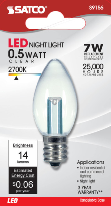 Satco 0.5 Watt LED; C7; Clear; 2700K; Candelabra base; 120 Volt; Carded