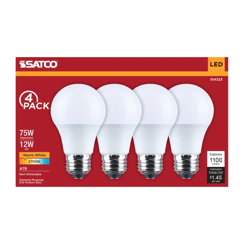 SATCO S14323 LED A19 E26 12W 2.7K Bulbs 4/Pack