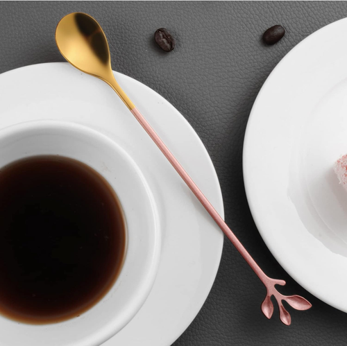 Long 7.4inch Leaf Handle Teaspoon, pink and gold stainless