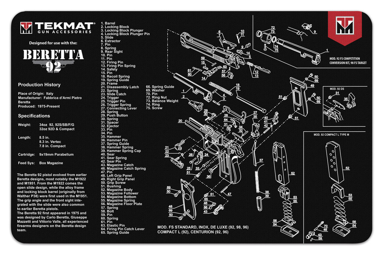 TekMat Handgun Cleaning Mat - 17x11 Inch Beretta 92 Disassembly Mat With Diagrams