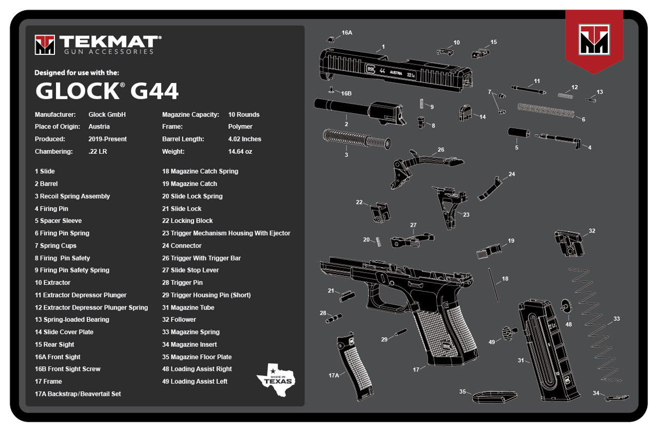  Gun Cleaning Mat for Glock - Double Thickness Gun Mat - HD  Exploded Diagram Including Parts List, Lubrication Points and Disassembly  Steps (20 by 12 Inches) : Sports & Outdoors