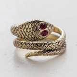 Vintage 1980's Snake Wrap Ring with Ruby Swarovski Crystals 18k Gold Antique Womans Jewelry - Limited Stock - Never Worn