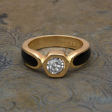 Vintage Ring 1980s Black Enamel Ring with Clear Swarovski Crystals Leaf Motif Antique 18k Gold Plated #R6000 - Limited Stock - Never Worn