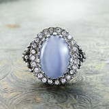 Genuine Blue Vintage Ring Moonstone Edwardian Style Antique 18k White Gold Clear Crystals Womans Jewelry R169 - Limited Stock - Never Worn