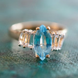 Vintage Ring Genuine Blue Topaz and Clear Swarovski Crystals 18kt Gold Plated R2604 - Limited Stock - Never Worn