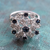 Vintage Ring Sapphire and Clear Swarovski Crystals 18k White Gold Silver Made in the USA R105 - Limited Stock - Never Worn