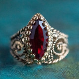 Vintage Ring Garnet Swarovski Crystal Antiqued 18k Yellow Gold Electroplated Filigree Edwardian Style Made In USA#R1444