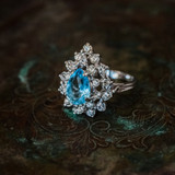 Vintage Ring Victorian Style Ring Aquamarine and Clear Swarovski Crystals 18k White Gold Silver  #R767 Antique Jewelry for Women