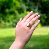 Vintage Ring 18k Gold Electroplated with Antique Plating White on Coral Cameo Ring Genuine Marcasite