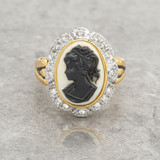 Vintage Women's Ring 18k Gold Plated Black on White Cameo Clear Austrian Crystals 