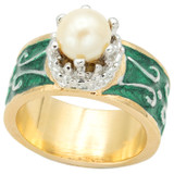 Vintage 1980s Hand Painted Green Enamel Ring with Pearl Bead 18k Gold Plated #R9014