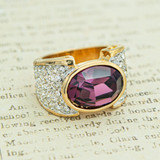 Vintage Women's Ring Amethyst and Clear Austrian Crystal Cocktail Ring 18k Yellow Gold Electroplated 
