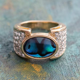 Vintage Genuine Blue Abalone Bead and Clear Austrian Crystal Cocktail Ring 18k Yellow Gold Electroplated Only Made in USA