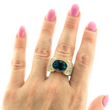 Vintage Genuine Blue Abalone Bead and Clear Austrian Crystal Cocktail Ring 18k Yellow Gold Electroplated Only Made in USA