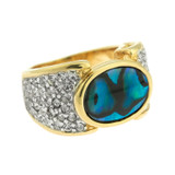 Vintage Genuine Blue Abalone Bead and Clear Austrian Crystal Cocktail Ring 18k Yellow Gold Electroplated Only Made in USA