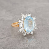 Vintage Ring Cocktail Aquamarine and Clear Baguette Crystals 18k Gold Electroplated Victorian Style Antique Womans Jewelry