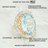 Vintage Aquamarine and Clear Austrian Crystal Cocktail Ring 18k Yellow Gold Electroplated Made in USA