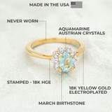 Vintage Ring Aquamarine and Clear Austrian Crystals 18kt Gold Plated Band