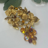 Oscar de la Renta Vintage Pin Antique Designer Gold Brooch for Women Ornate Grape Vine with Iridescent Glass Beads ONLY 2! VERY RARE