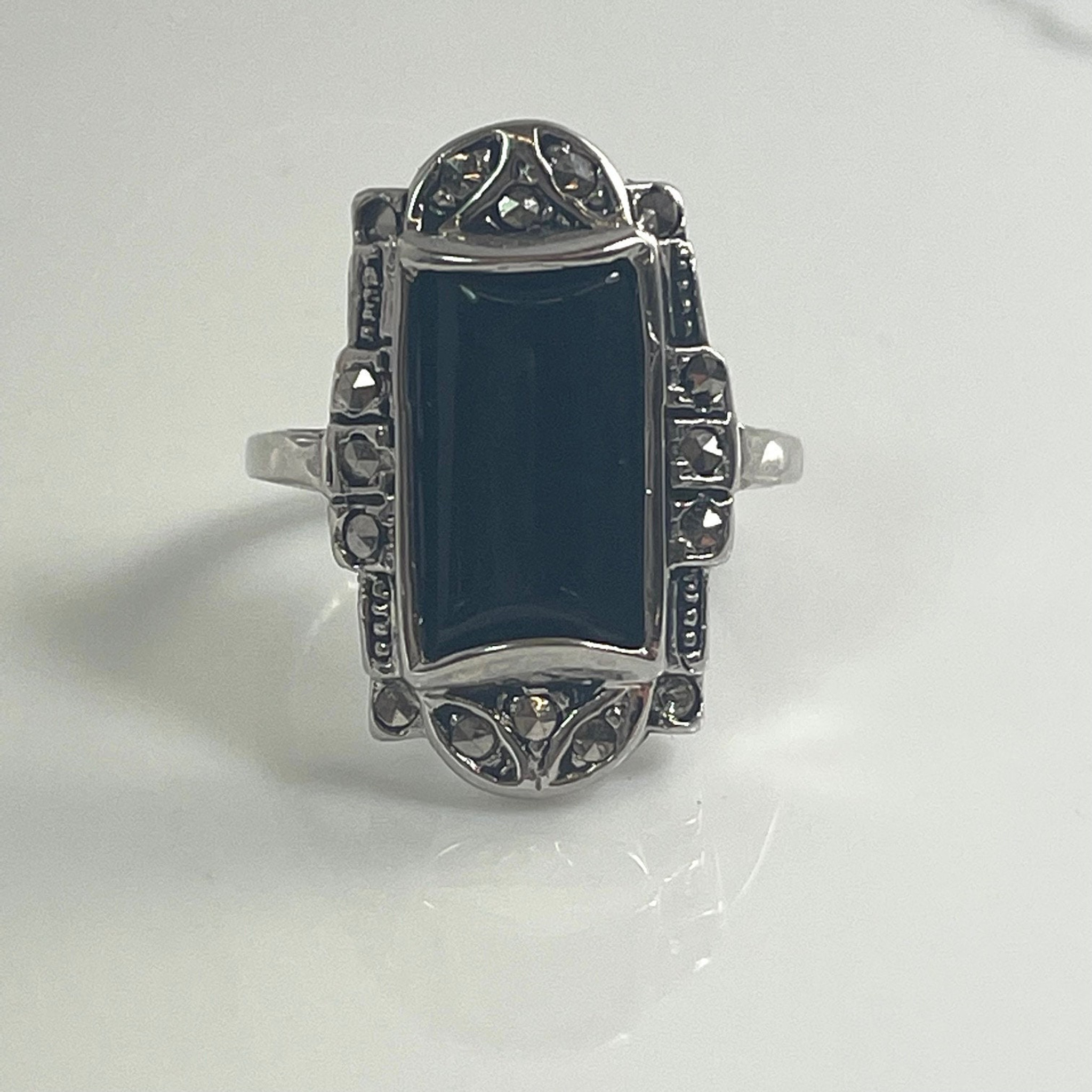 Vintage Ring Genuine Onyx and Marcasite Antiqued 18k White