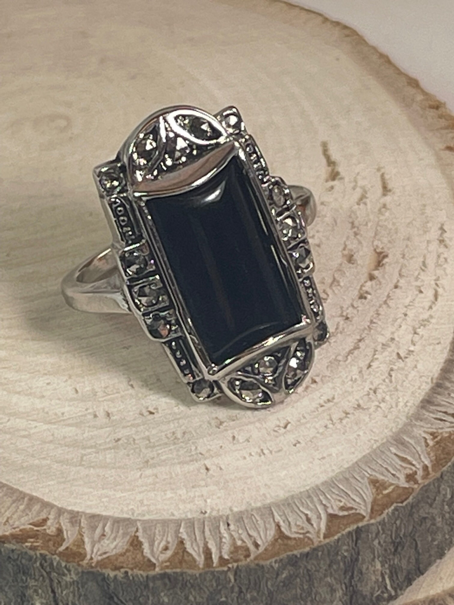 Vintage Ring Genuine Onyx and Marcasite Antiqued 18k White Gold  Electroplated