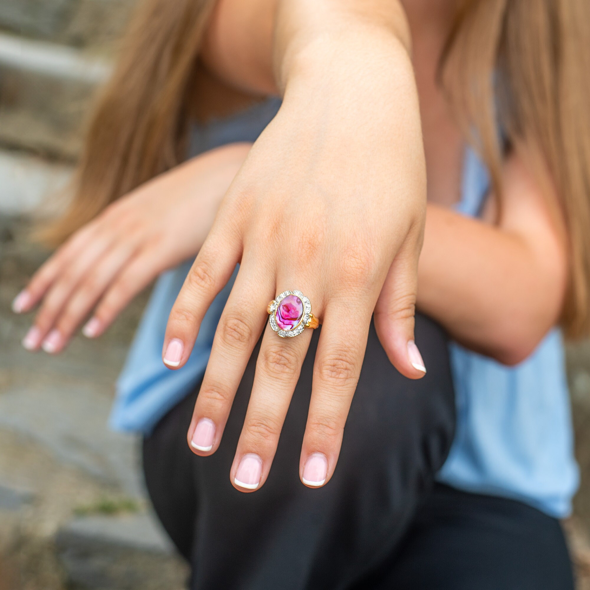 Genuine Pink Abalone Stone Women's Ring Vintage 18k Yellow Gold