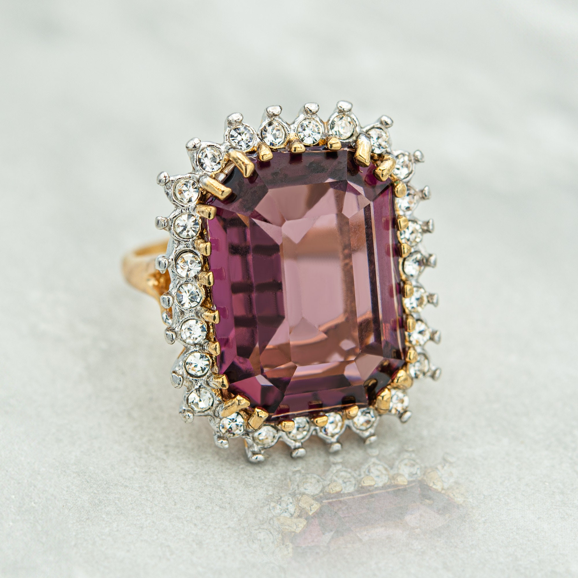 Vintage Ring Amethyst with Clear Austrian Crystal Cocktail Ring