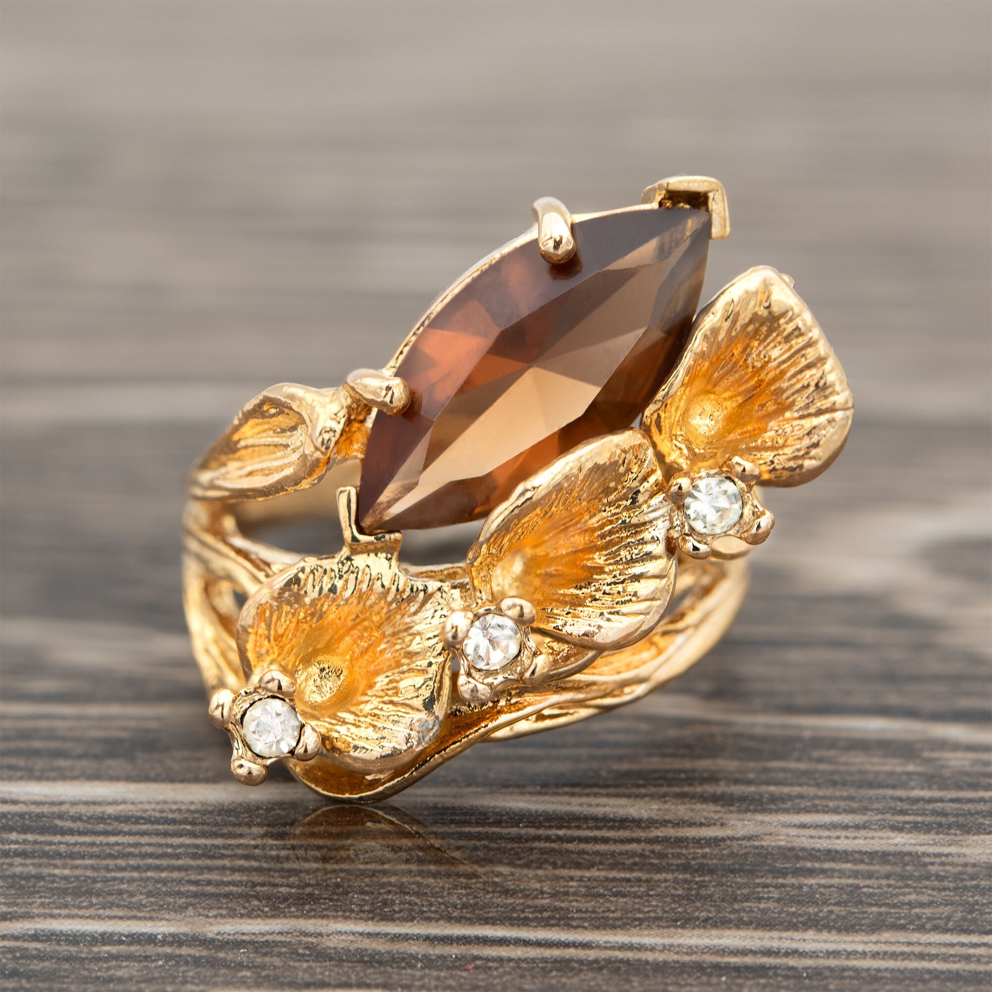 Vintage Smoke Topaz Crystal Unique Calla Lily Design Ring 18k