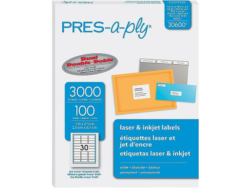 Pres-a-ply Laser/Inkjet Address Labels, 1" x 2 5/8", White, 3000 Labels Per Pack (30600)