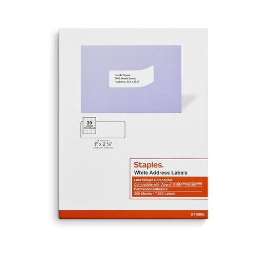 Staples Laser/Inkjet Address Labels, 1" x 2 5/8", White, 30 Labels/Sheet, 250 Sheets/Box (18063/SIWT100)