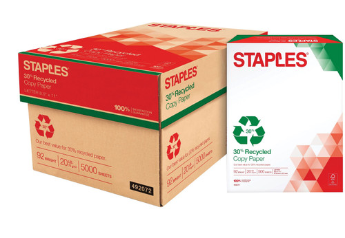 Staples 30% Recycled Copy Paper 8.5" x 11" , 20 lbs., White, 5000 Sheets/Carton (112350/461757)