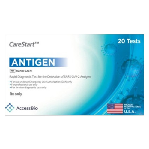 Rapid Test Kit CareStart™ Antigen Detection Covid-19 Antigen Anterior Nares Swab Sample 20 Tests per Kit, 32 Kits per Case