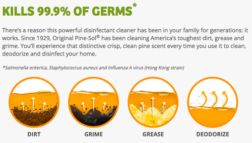 Pine-Sol disinfects and kills 99.9% of germs*


*Salmonella enterica, Staphylococcus aureus, Influenza A virus (Hong Kong strain)