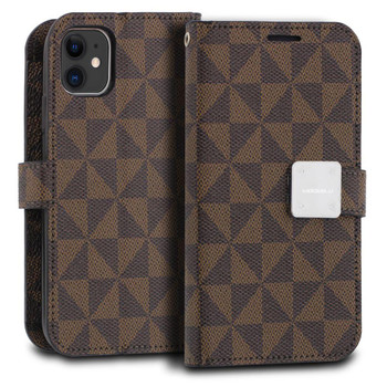 iPhone 11 Case Mode Diary Brown Checker Wallet Cover - ModeBlu