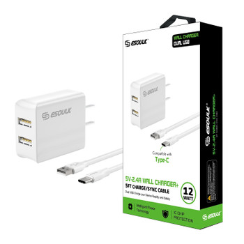 EC44P-TPC-WH Esoulk 12W 2.4A Dual USB Travel Wall Charger With 5FT Type-C Charging Cable