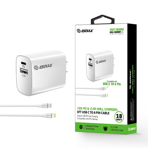 EC10P-CL-WH:18W Wall Charger PD & USB-A With 5ft C To IPhone Cable White