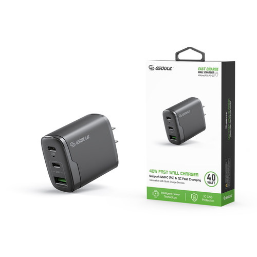 EA18-BK: 40W Dual PD+QC FAST WALL CHARGER