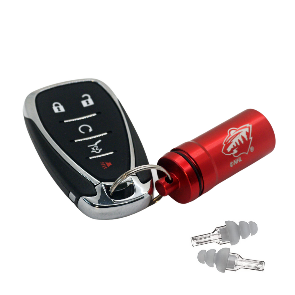 Officially Licensed Minnesota Wild Aluminum Laser-Engraved Keychain Container with Hi-Fidelity Earplugs by 3M™