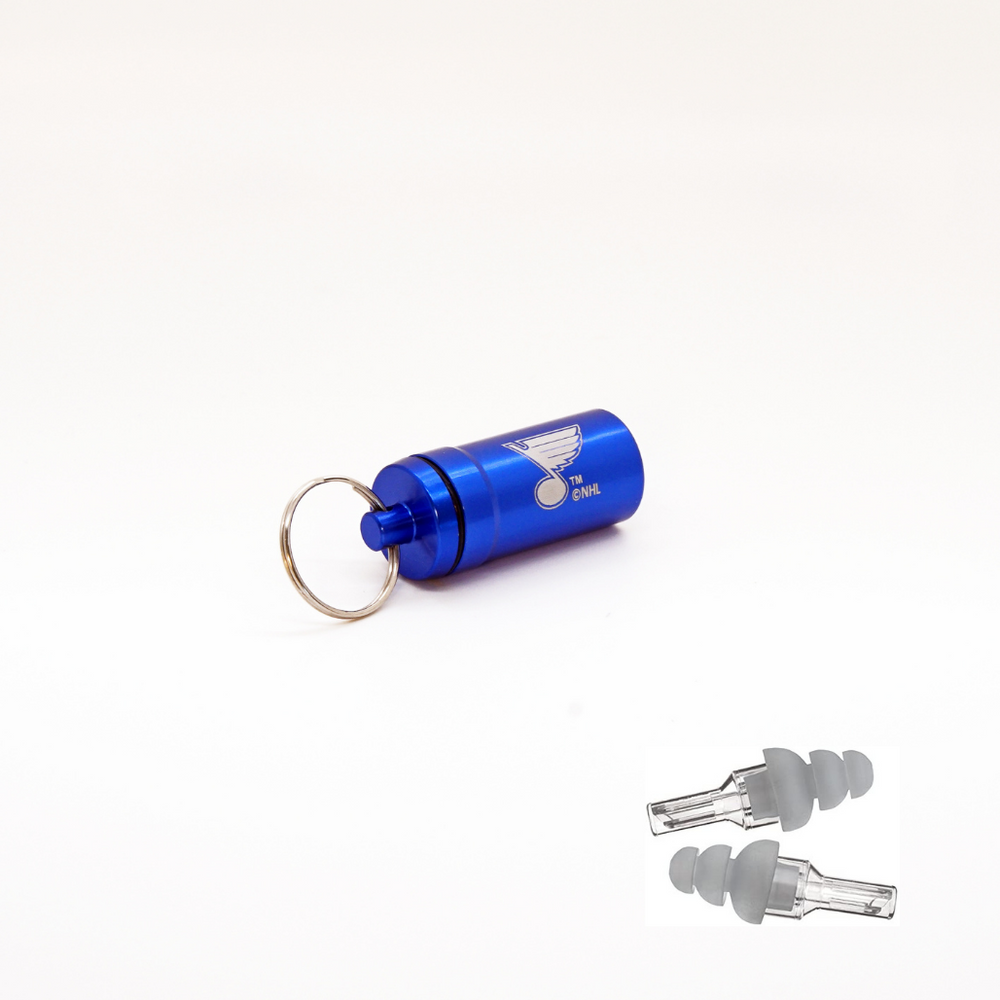 Officially Licensed St. Louis Blues Aluminum Laser-Engraved Keychain Container with Hi-Fidelity Earplugs by 3M™