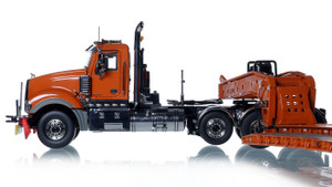 1:50 Scale Diecast Model of Mack Titan Tri-Axle with Fontaine 100-Ton 5-Axle Drop Side Rail Trailer - Orange 2010