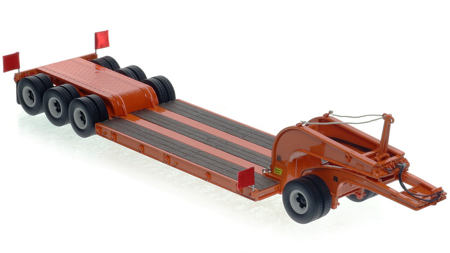 1:50 scale Orange 1960s Talbert 60-Ton Cableneck Lowbed with Single-Axle Dolly