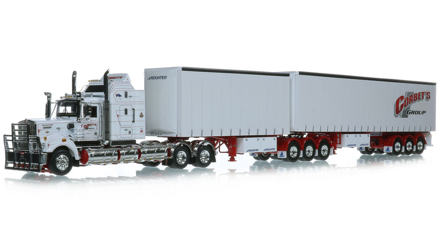 1:50 scale model of Kenworth T900 Tandem Axle Tractor  with Freighter T-Liner B Double Trailer - Corbet's Group AU