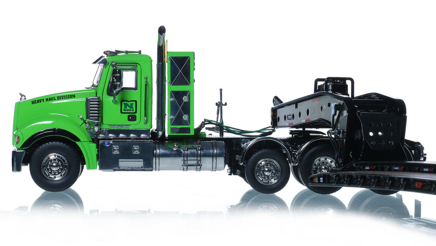 1:50 Scale Diecast Model of Nuss Mack Titan Tri-Axle with Black Fontaine 100-Ton 5-Axle Drop Side Rail Trailer
