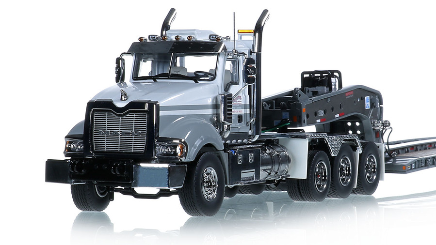 1:50 Scale Diecast Model of Perkins STC Mack Titan Tri-Axle with Gunmetal Grey Fontaine 100-Ton 5-Axle Step Deck Trailer