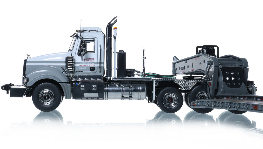 1:50 Scale Diecast Model of Perkins STC Mack Titan Tri-Axle with Gunmetal Grey Fontaine 100-Ton 5-Axle Step Deck Trailer