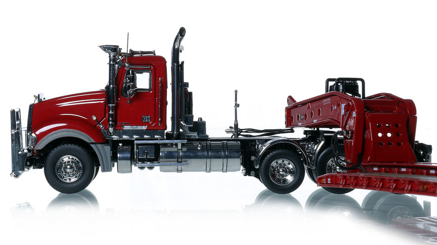 1:50 Scale Diecast Model of Mack Titan Tri-Axle with Fontaine 100-Ton 5-Axle Step Deck Trailer - DHH Red
