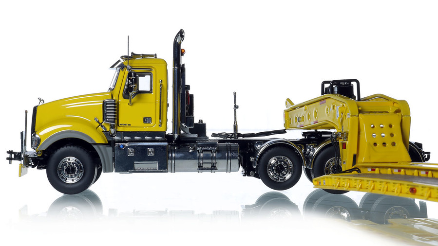1:50 Scale Diecast Model of Mack Titan Tri-Axle with Fontaine 100-Ton 5-Axle Drop Side Rail Trailer - Yellow 1021