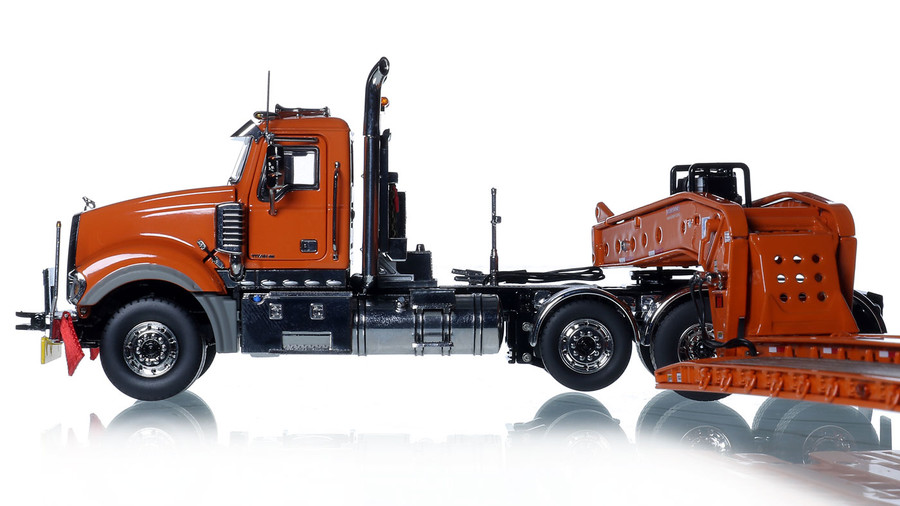 1:50 Scale Diecast Model of Mack Titan Tri-Axle with Fontaine 100-Ton 5-Axle Drop Side Rail Trailer - Orange 2010